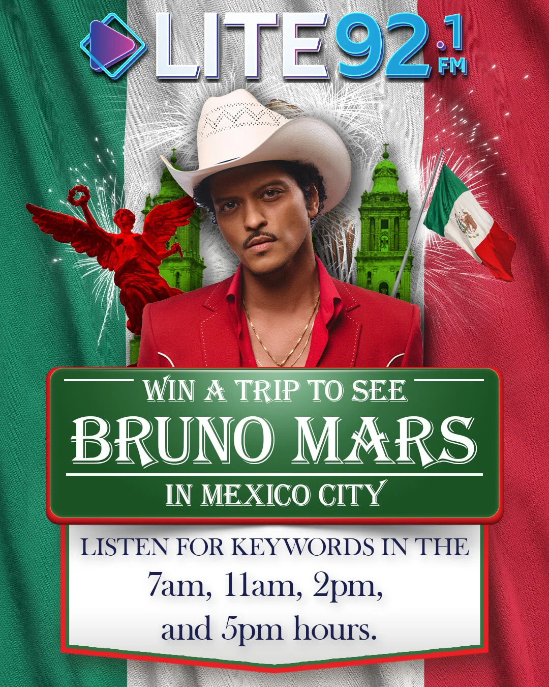 Win a trip to see Bruno Mars in Mexico City. Contest starts Monday, September 28th. LITE 92.1 FM.